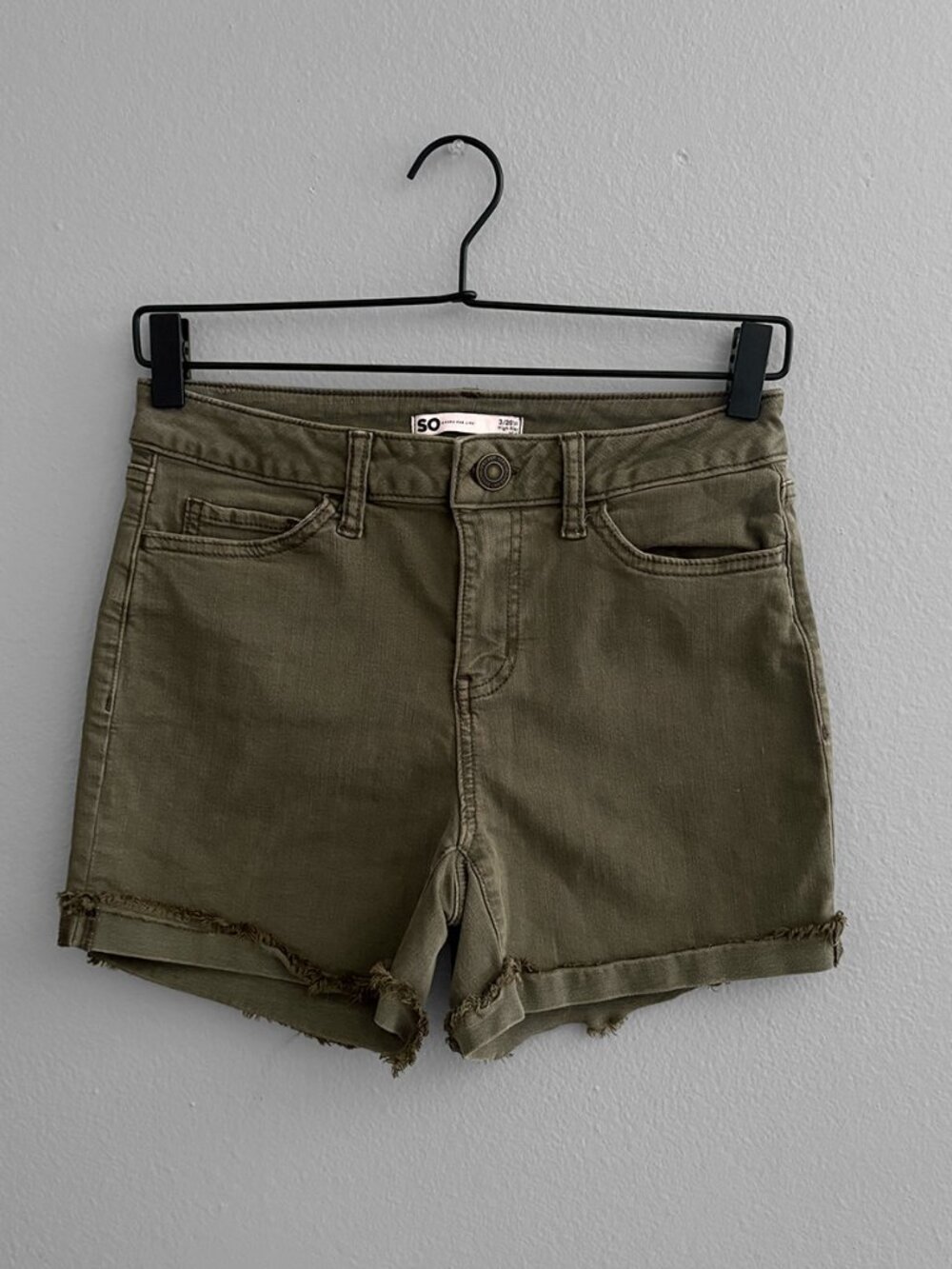 SO High Rise Midi Denim Shorts | Olive Green Stretch Cotton | Frayed Hem | W26